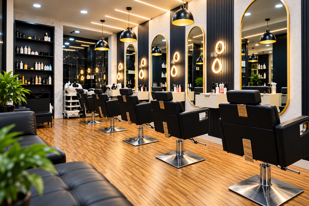 Warm waiting area, gold-rimmed mirrors