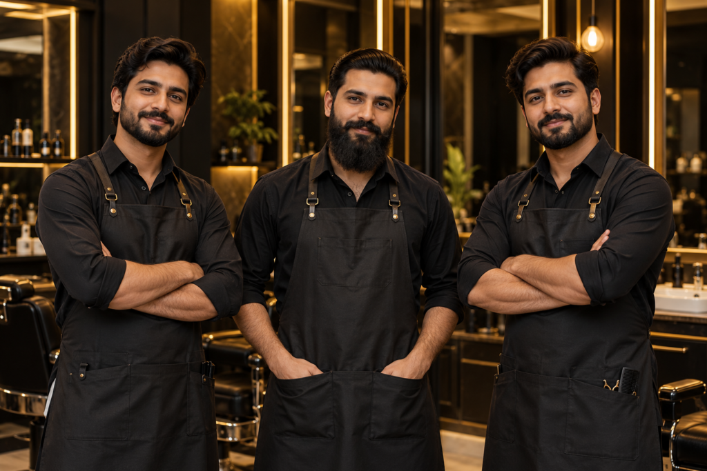 Illustrative team portrait of three fictional barbers - temporary placeholder, not actual HAZA staff
